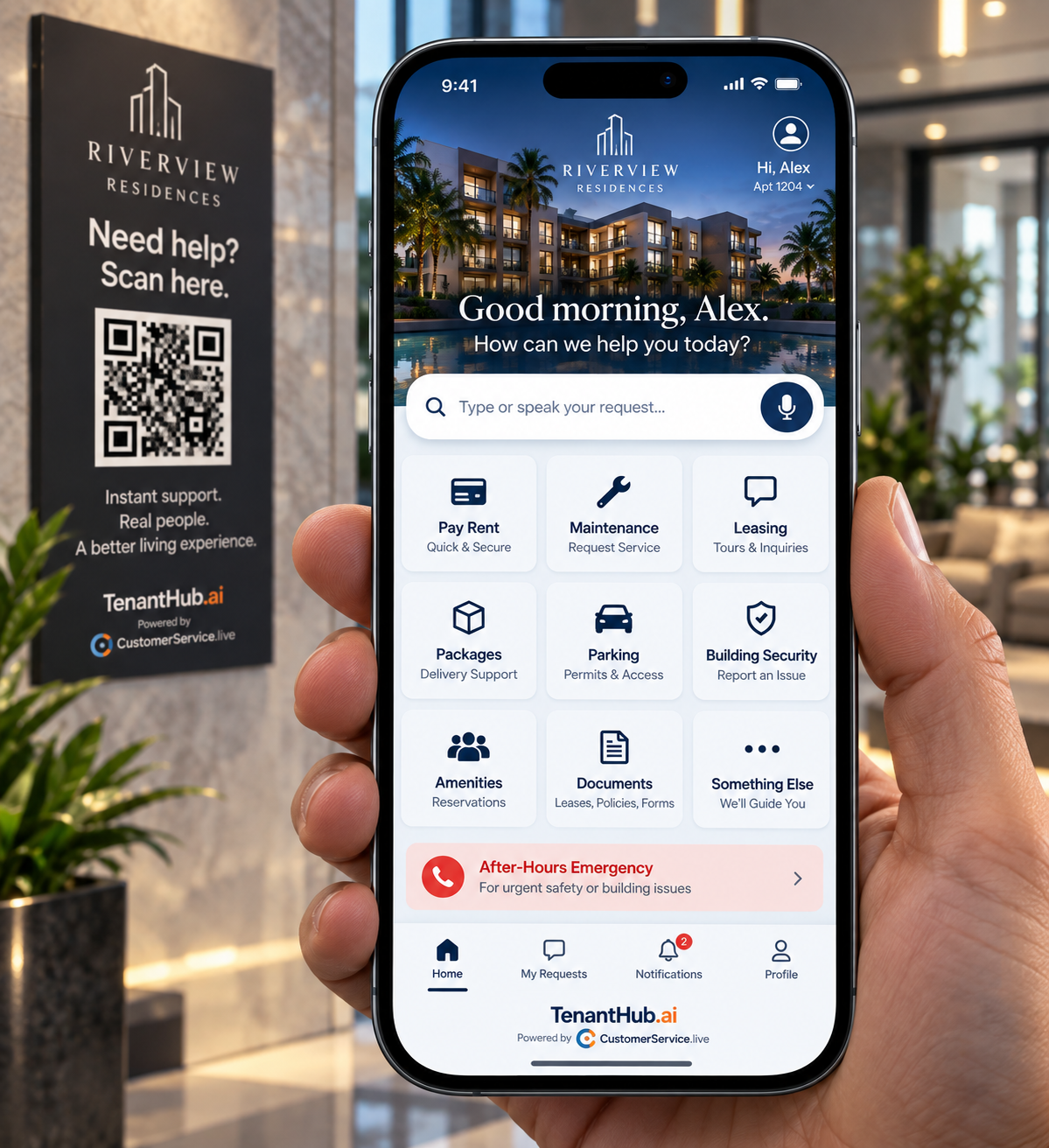 A hand holding a phone showing the TenantHub.ai hub, beside a lobby sign that reads Need help? Scan here.